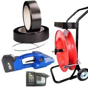 Kit de cintagem em poliéster NEO2 9-16mm PET PP com bateria, carregador e fita PP, vista do kit